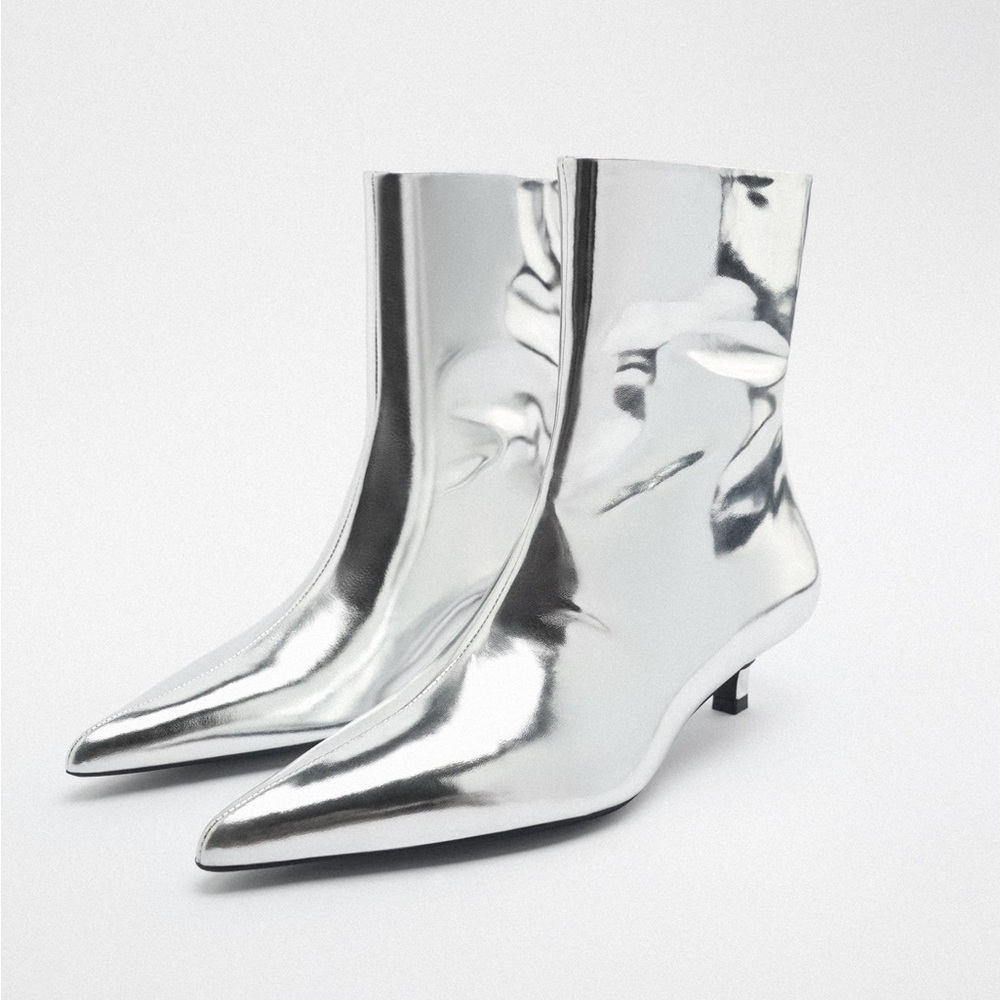 Zara silver metallic leather ankle boots NWT